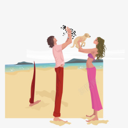 沙滩上的情侣抱着小狗在沙滩上玩耍的情侣矢量图高清图片