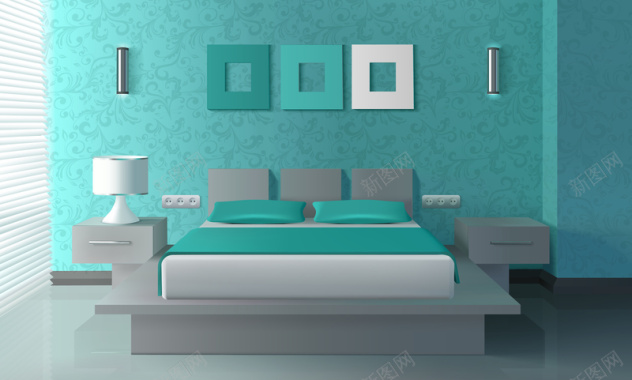 蓝绿色清新家居床灯画框背景矢量图背景