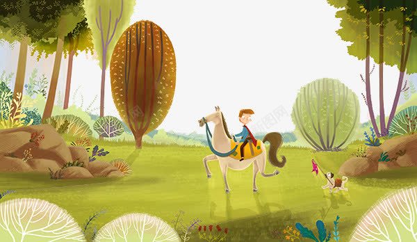 在树林骑马的男孩png免抠素材_新图网 https://ixintu.com 人物动物的插画 可爱的插画 有创造的插画 草原骑马