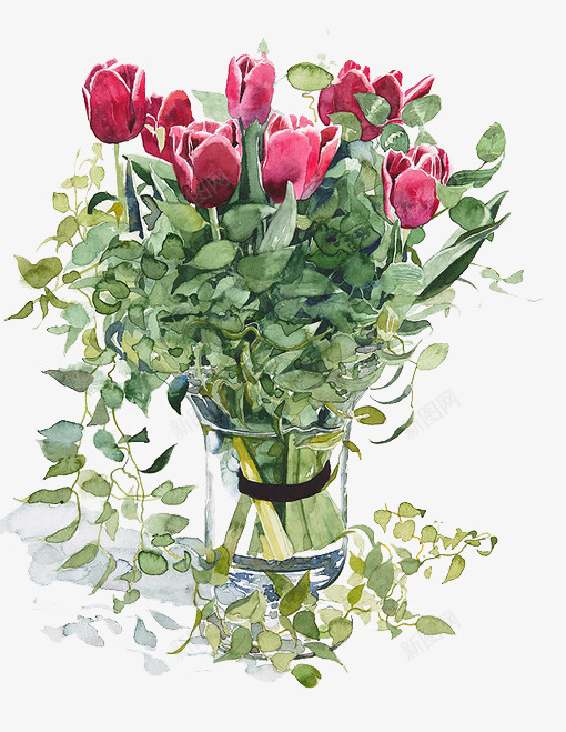 花瓶里的花psd免抠素材_新图网 https://ixintu.com 红色 绿叶 花朵 花瓶