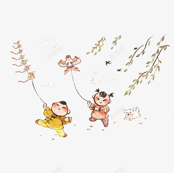 放飞风筝的孩子们png免抠素材_新图网 https://ixintu.com 水彩 童年 童趣 风筝