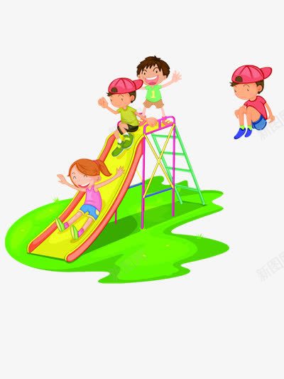 小孩滑滑梯png免抠素材_新图网 https://ixintu.com 帽子 手绘 玩滑滑梯 红色 绿色 蓝色