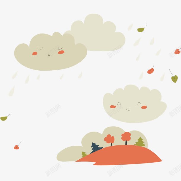 卡通刮大风png免抠素材_新图网 https://ixintu.com 云朵 刮大风 卡通装饰 漂浮树叶 背景装饰