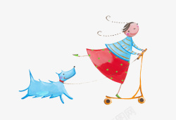 滑板的小狗手绘插画小女孩与小狗高清图片