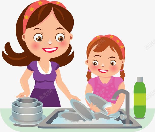 手绘洗碗的母女png免抠素材_新图网 https://ixintu.com 做家务 手绘 洗碗的母女