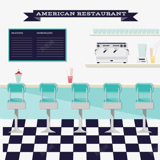 创意美式餐厅内部图矢量图ai免抠素材_新图网 https://ixintu.com 凳子 美式餐厅 餐厅内部 矢量图