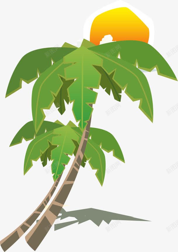 彩绘椰子树png免抠素材_新图网 https://ixintu.com 卡通 太阳 手绘 枝干 椰子树 简图 绿色 黄色
