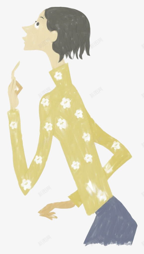 黄衣女孩png免抠素材_新图网 https://ixintu.com 中高领 人物侧脸 侧脸 卡通 短发 花朵 长袖