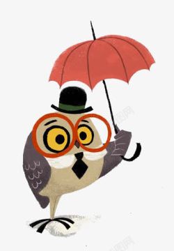 创意打伞浣熊插画拟人猫头鹰高清图片