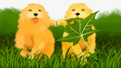 地上打滚的狗狗卡通手绘绿色草地上的宠物狗高清图片