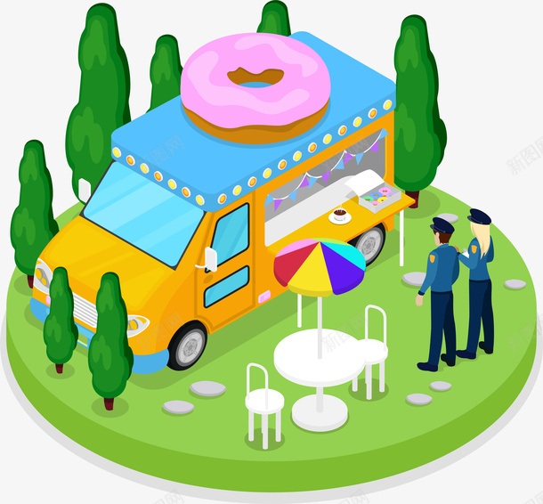 旅游景区png免抠素材_新图网 https://ixintu.com 卡通有趣 矢量图案 装饰图 设计图 运输车 餐桌