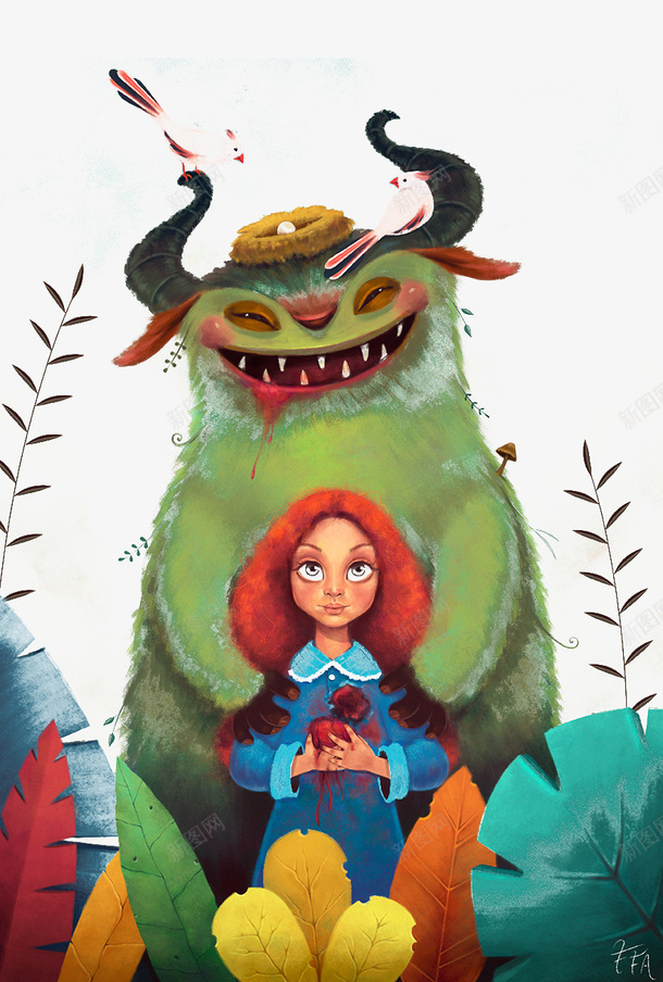 创意卡通插图png免抠素材_新图网 https://ixintu.com 人物插画 创意插图 怪物和女孩