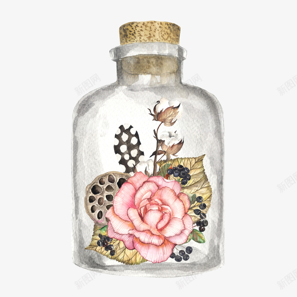 手绘创意花朵瓶子图png免抠素材_新图网 https://ixintu.com 创意 卡通手绘 小清新 水彩 瓶子 粉色 花朵 透明