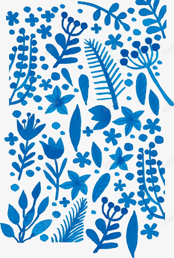蓝色水彩植物图案矢量图ai免抠素材_新图网 https://ixintu.com 图案设计 手绘植物 水彩植物 矢量图