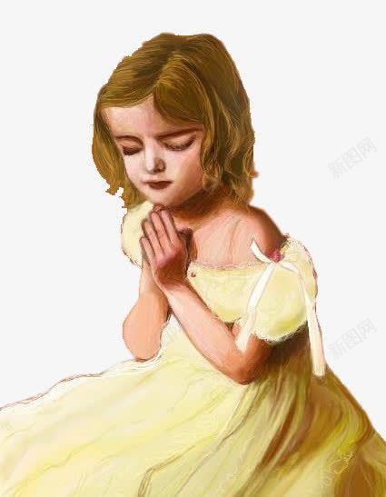 祈祷的小女孩png免抠素材_新图网 https://ixintu.com 双手合十 油画 装饰 黄色