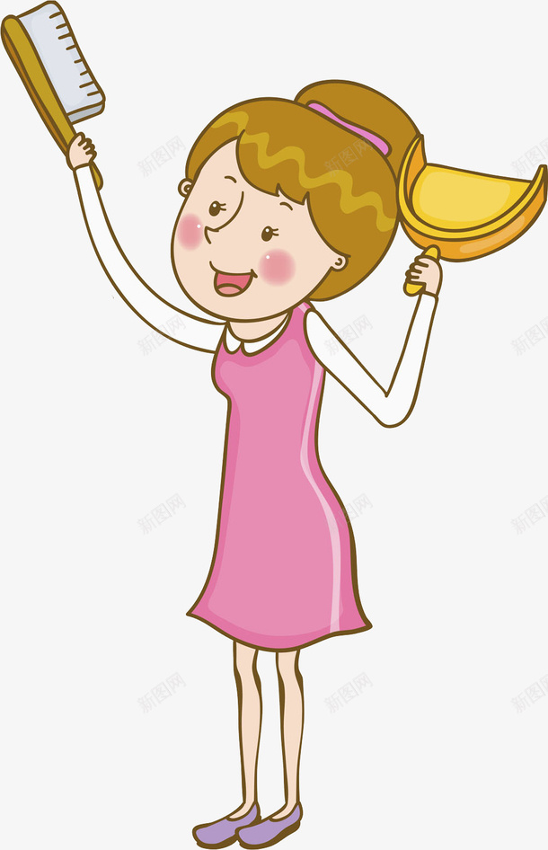 做家务的女孩png免抠素材_新图网 https://ixintu.com 做家务 刷子 卡通 女孩 手绘 水彩 粉色连衣裙 铲子
