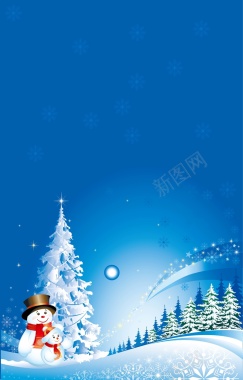蓝色雪人和圣诞树背景矢量图背景