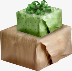 卡通手绘绿色礼物盒丝带蝴蝶结素材