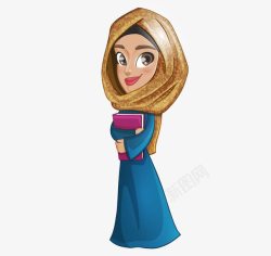 阿拉伯女人卡通手绘阿拉伯穆斯林女人抱书高清图片