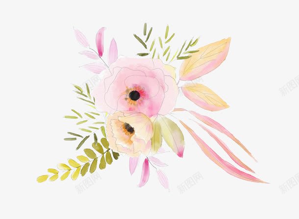 粉色手绘的花和树叶png免抠素材_新图网 https://ixintu.com PNG素材 树叶 粉色 花朵