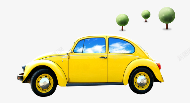 黄色汽车树木绘画psd免抠素材_新图网 https://ixintu.com 小型 树木 汽车 车辆 黄色
