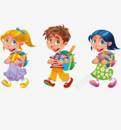 三个背着书包的卡通可爱男孩女孩素材