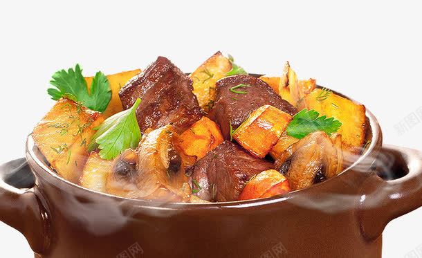 土豆炖牛腩png免抠素材_新图网 https://ixintu.com 砂锅 美味 美食 肉类 菜叶