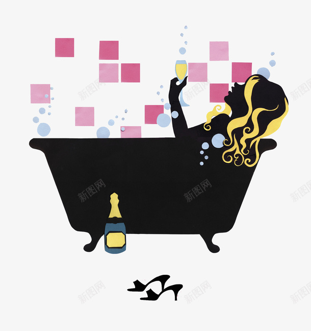 洗澡的女人png免抠素材_新图网 https://ixintu.com 卡通 女人 洗澡 漂亮的 红酒 高跟鞋 黑色的