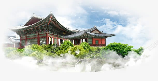 古代建筑城楼图png免抠素材_新图网 https://ixintu.com 城楼 建筑 绿树 蓝天