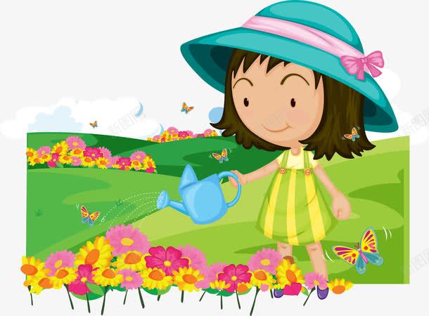 手绘浇花的小女孩png免抠素材_新图网 https://ixintu.com 卡通 小女孩 手绘 浇花 淋花