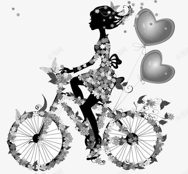 骑自行车的女孩png免抠素材_新图网 https://ixintu.com 气球 蝴蝶 装饰 骑自行车的女孩 黑白画