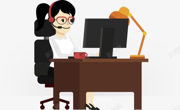 工作的女人png免抠素材_新图网 https://ixintu.com 免扣png素材 免费png素材 咖啡杯 带耳麦 电脑前工作