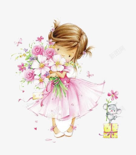 手绘插画拿着花的小女孩png免抠素材_新图网 https://ixintu.com 小美女 手绘 插画 花卉