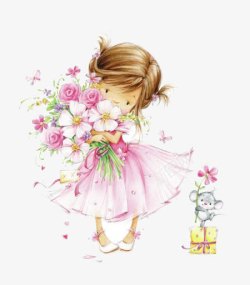 手绘插画拿着花的小女孩素材