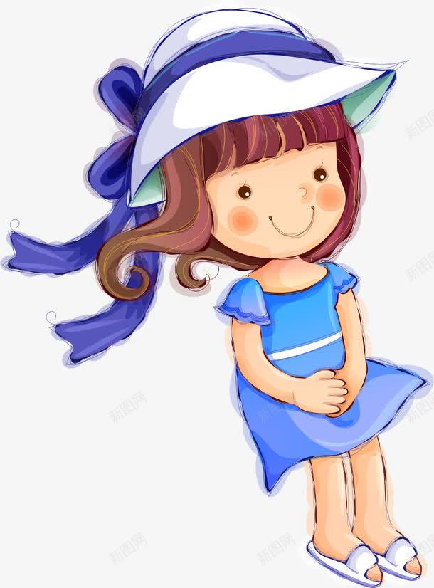 手绘女孩png免抠素材_新图网 https://ixintu.com AI 丝带 卡通 女孩 帽子 蓝色