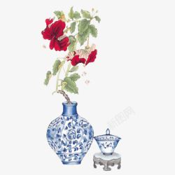 蓝色瓷瓶红色花朵素材