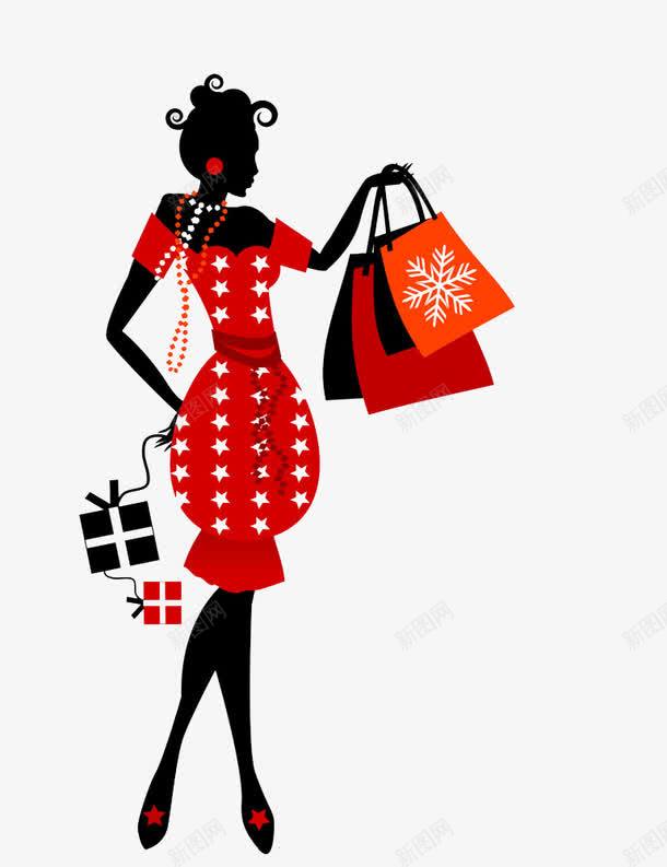 大购物的女人png免抠素材_新图网 https://ixintu.com 人物 人物剪影 卡通 大购物 手绘 疯狂购物 红色 红色裙子 红色购物袋 黑色