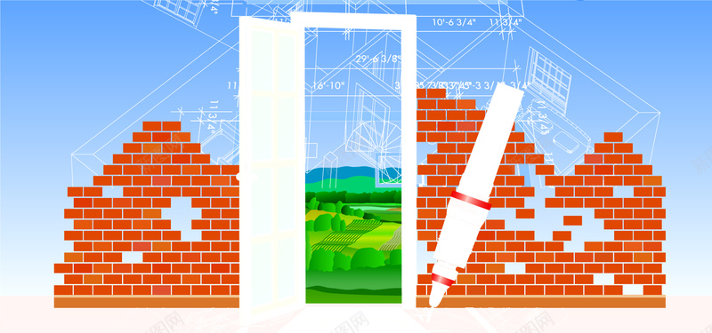 淘宝矢量卡通创意白门公式砖墙蓝天白笔海报背景