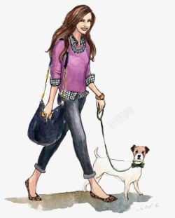 散步的女孩遛狗的女孩高清图片