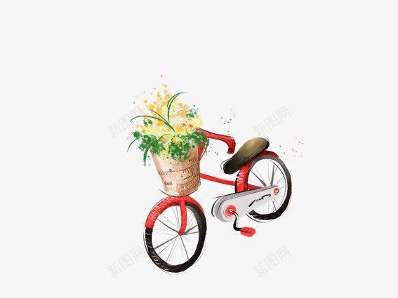 自行车png免抠素材_新图网 https://ixintu.com 手绘自行车 手绘花篮 手绘车篮 红色 绿色 黄色
