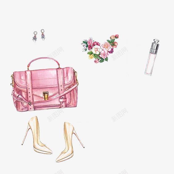 时尚包包png免抠素材_新图网 https://ixintu.com 卡通 手绘 插画 粉色 花朵 高跟鞋