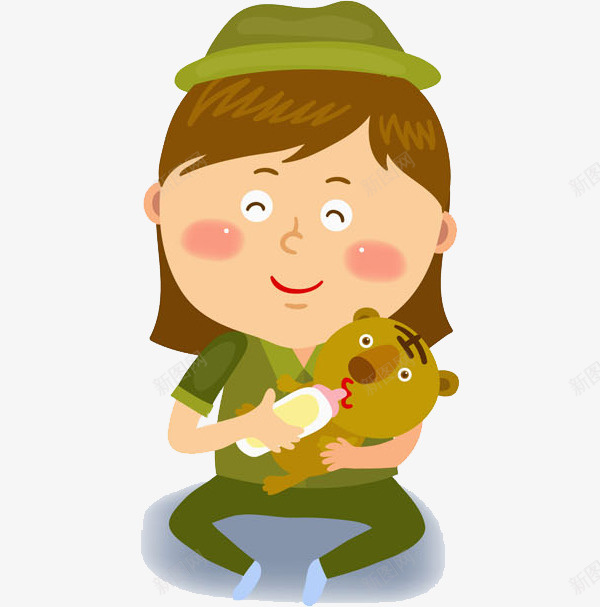 喂老虎的饲养员png免抠素材_新图网 https://ixintu.com 动物 卡通 喂养 喂奶 女人 插图 绿色 饲养员
