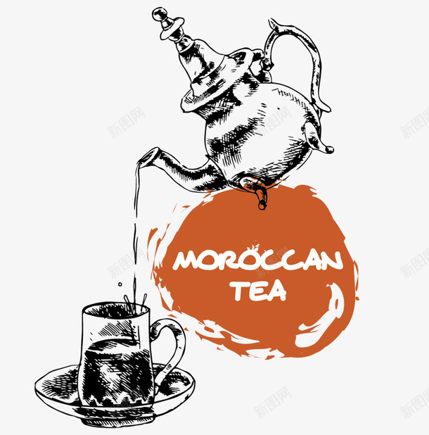 摩洛哥茶psd免抠素材_新图网 https://ixintu.com 手绘 摩洛哥茶 热气 茶 茶具 茶壶 茶杯