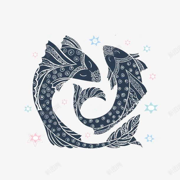 两条鱼png免抠素材_新图网 https://ixintu.com 白色花纹 蓝色图案 鱼 鱼图腾