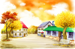 秋天的小镇手绘幼儿园插画小镇秋天红云高清图片