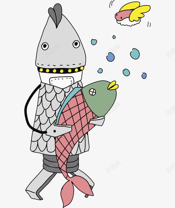 拿鱼的机器人png免抠素材_新图网 https://ixintu.com 动物 卡通 手绘 捉鱼 机器人 气泡 水彩 绿色 鱼儿