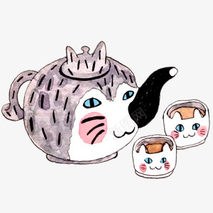 卡通茶具png免抠素材_新图网 https://ixintu.com 卡通 猫 茶具 茶壶 茶杯