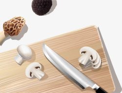 切蘑菇手绘菜板和菜刀高清图片