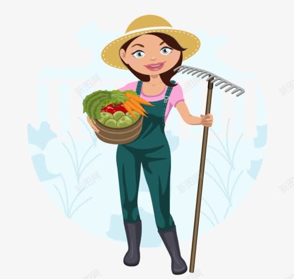 拿着钉耙抱着蔬果篮子的女士png免抠素材_新图网 https://ixintu.com 女士 帽子 站立的人 篮子 钉耙