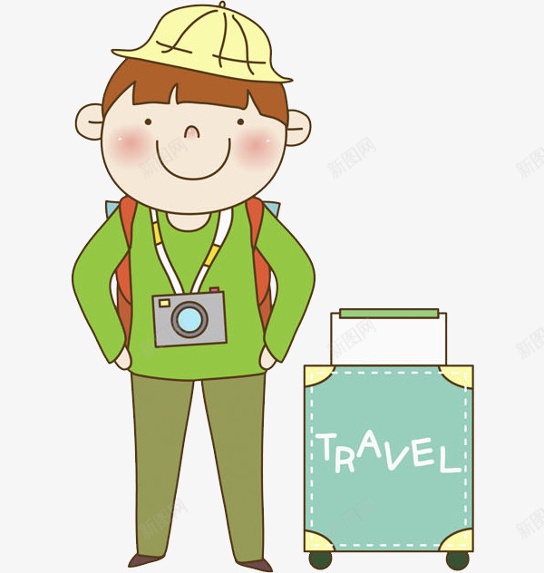 手绘旅行的男孩图png免抠素材_新图网 https://ixintu.com 小男孩 帅气的 微笑的 旅行 旅行箱 照相机